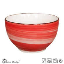 14cm Ceramic Bowl Red Hand Painted and Brown Brush Rim